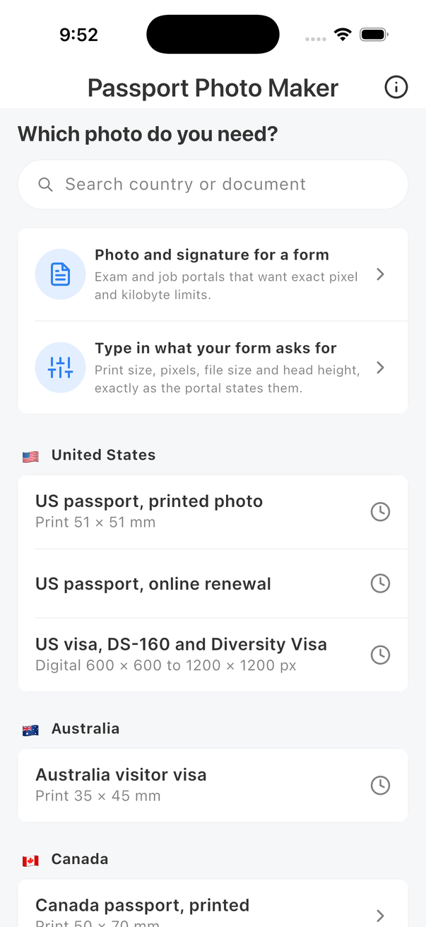Document list grouped by country